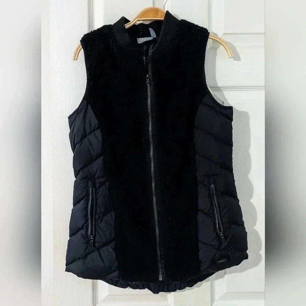 Athleta Puffer Vest Black Fleece Trim Zip Front Sleeveless Womens Size Small
